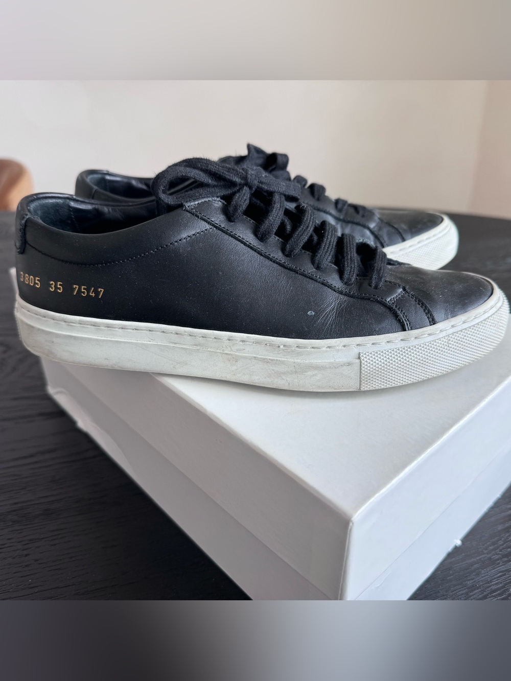 Common Projects Black Leather Low-Top Sneakers with White Sole size 5